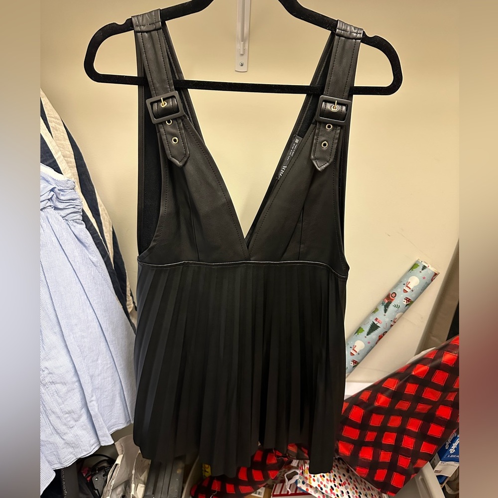 Zara Faux Leather Pinafore Pleated Mini Dresss